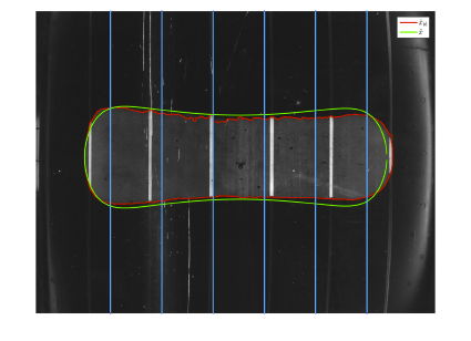Contact Patch measurement of a racing tire with overlay of a contact patch model and the identified outline of the measured contact patch